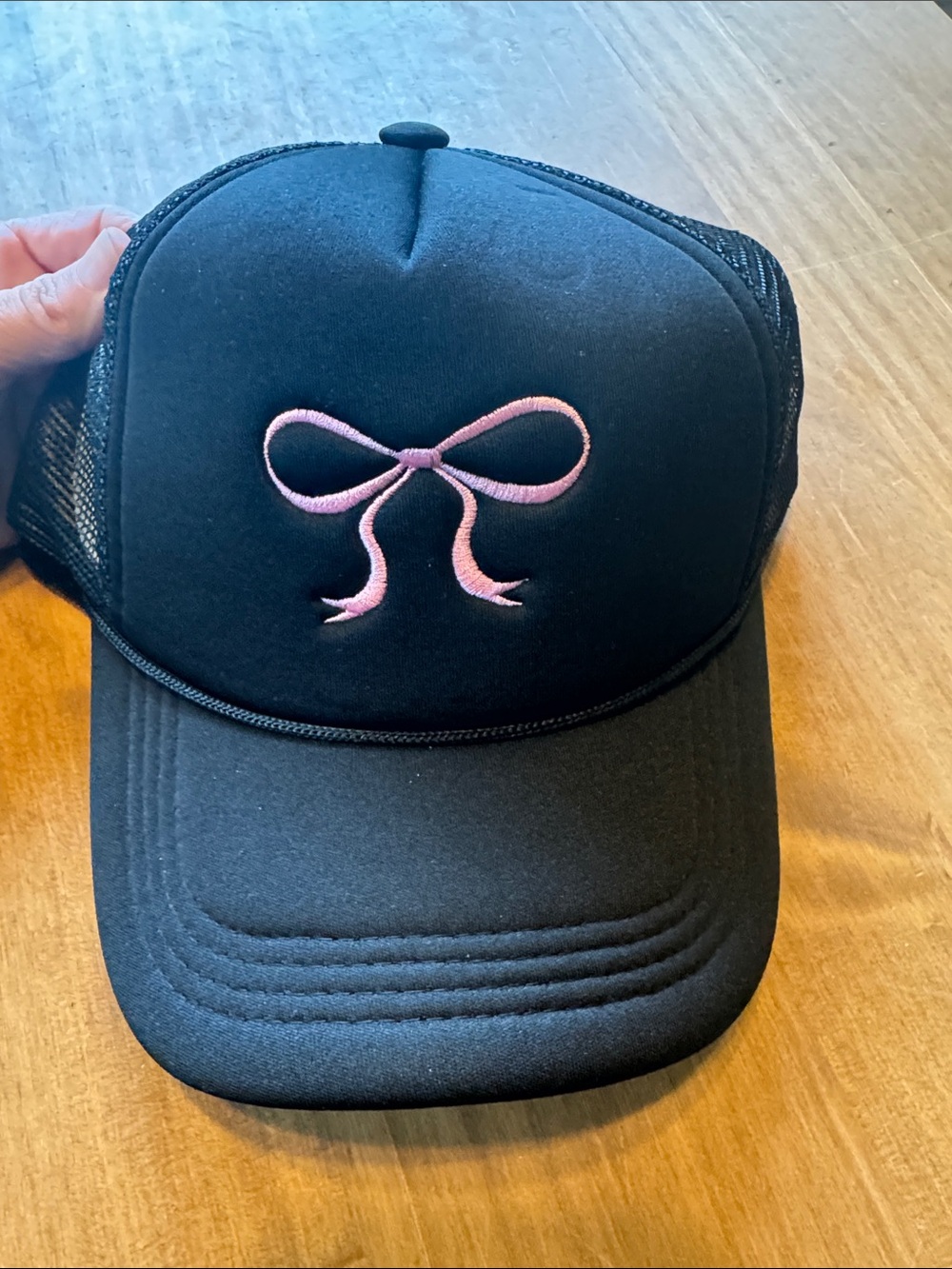 Black Trucker Hat with Pink Bow Embroidery